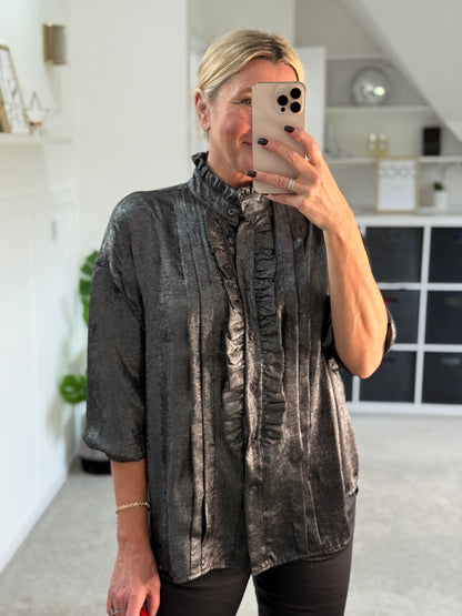 Black/Pewter Metallic Ruffle Front Blouse