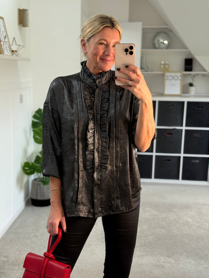 Black/Pewter Metallic Ruffle Front Blouse