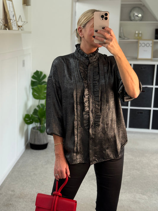 Black/Pewter Metallic Ruffle Front Blouse
