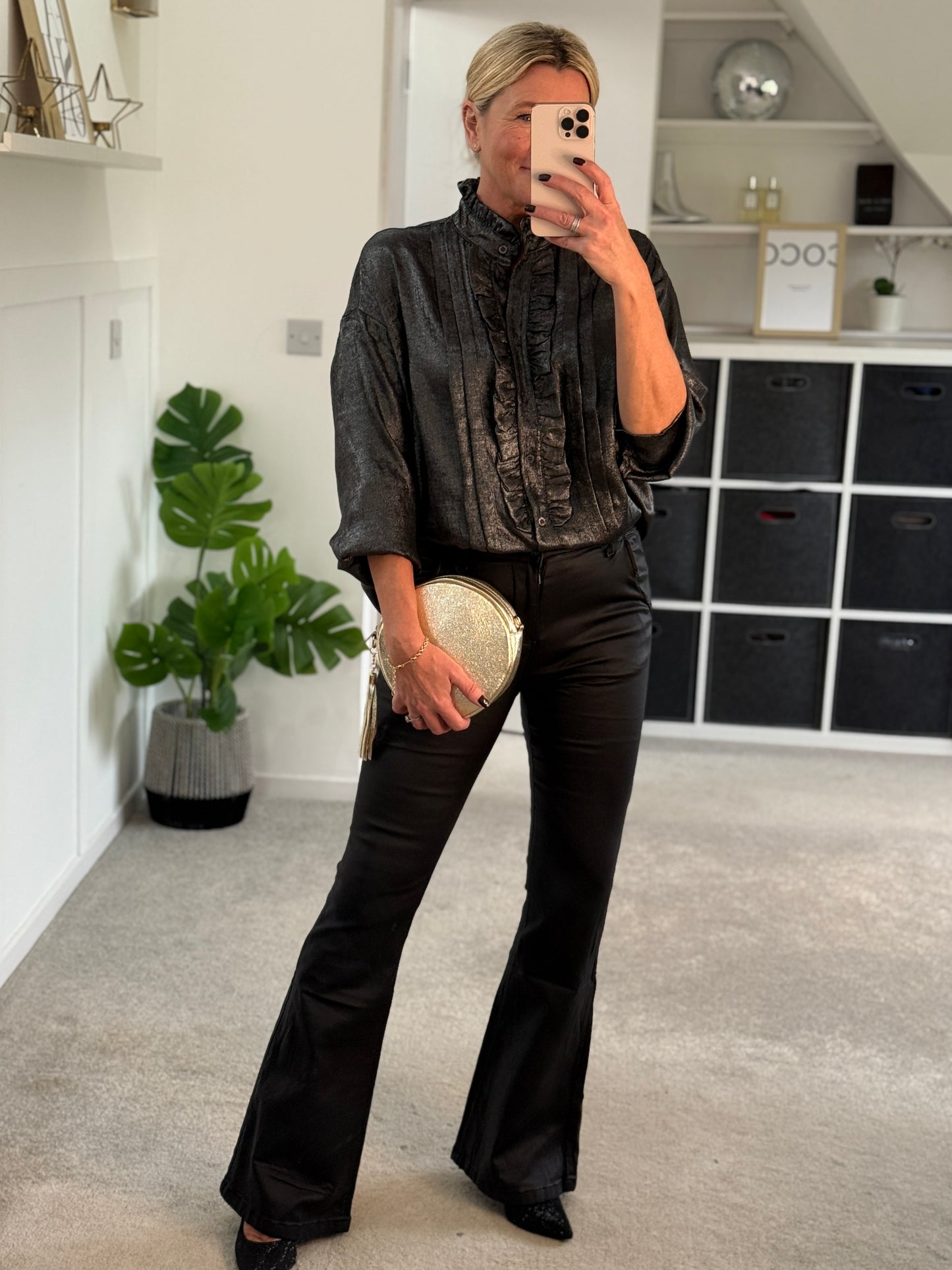 Black/Pewter Metallic Ruffle Front Blouse