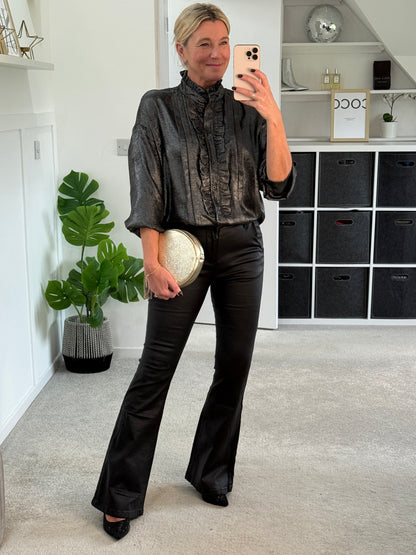 Black/Pewter Metallic Ruffle Front Blouse