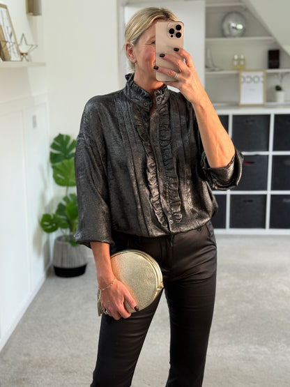 Black/Pewter Metallic Ruffle Front Blouse