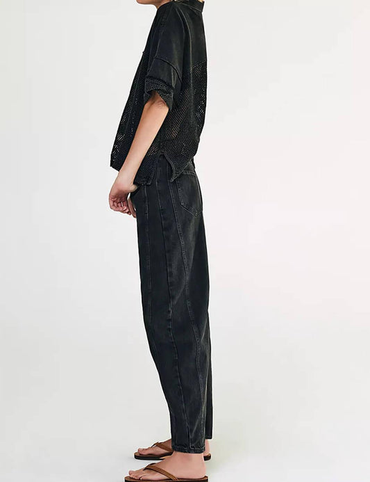 Black Mid Rise Wide Leg Barrel Jeans
