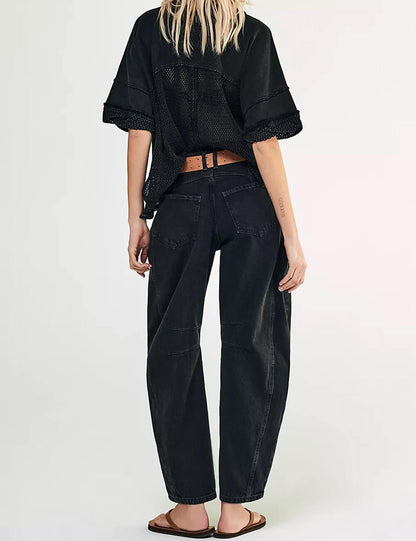 Black Mid Rise Wide Leg Barrel Jeans
