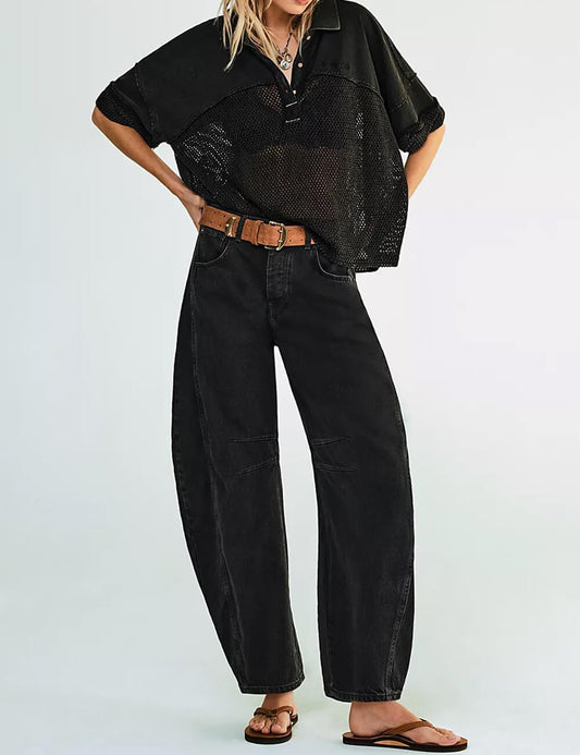 Black Mid Rise Wide Leg Barrel Jeans