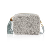 Light Grey Faux Shearling/Leather Panel Tassel Bag