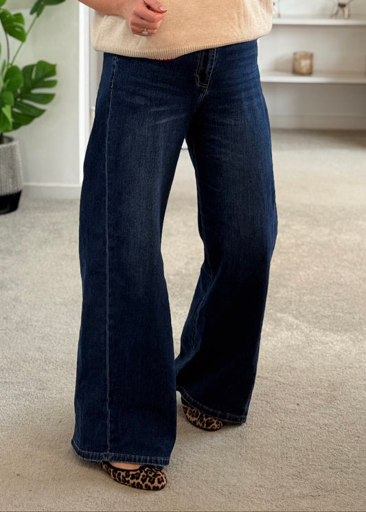 Dk Blue Denim Wide Panel Leg Jeans