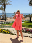 Neon Orange Small Stripe Frill Sleeve Dress
