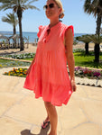 Neon Orange Small Stripe Frill Sleeve Dress
