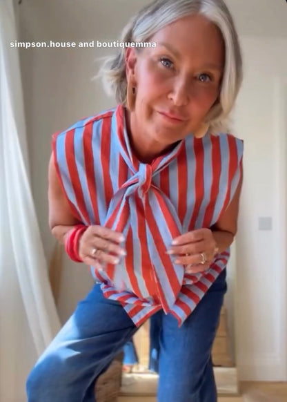 Cornflower Blue Stripe Tie-Neck Blouse - PRE ORDER