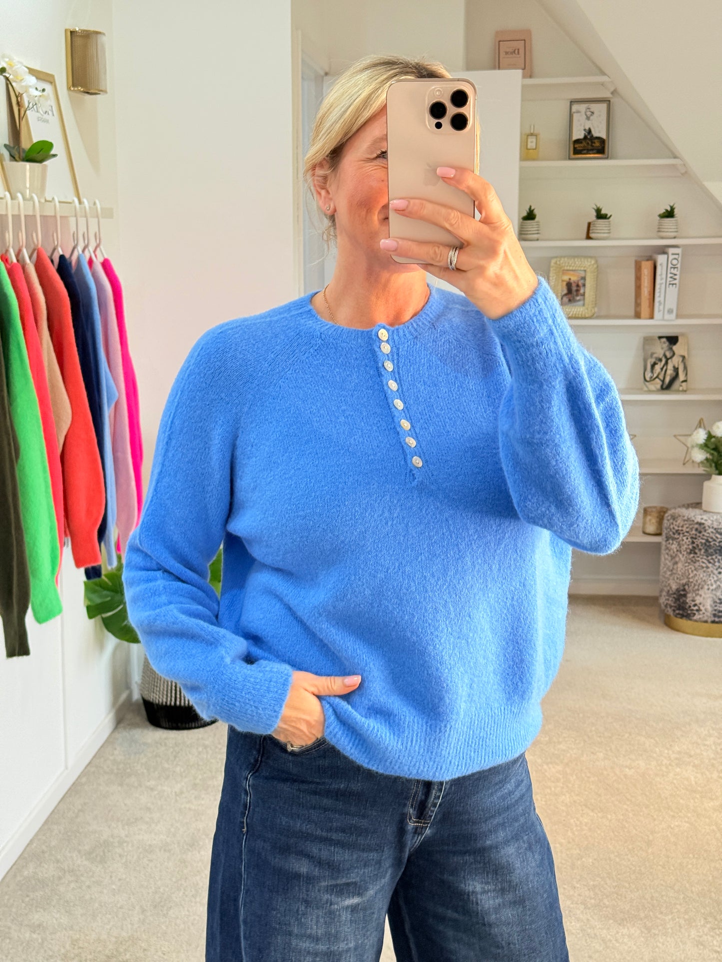 French Blue Alpaca Mix Button Jumper