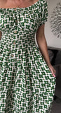 Green Retro Floral Bardot Midi Dress