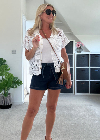 Madison Dark Blue Tie Belt Denim Shorts