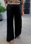 Emy Black Drawstring Satin Wide Leg Trousers