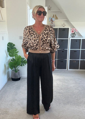 Emy Black Drawstring Satin Wide Leg Trousers