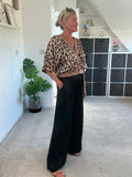 Emy Black Drawstring Satin Wide Leg Trousers