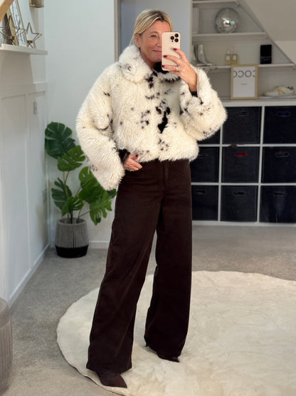 Cow Print Faux Fur Cropped Jacket
