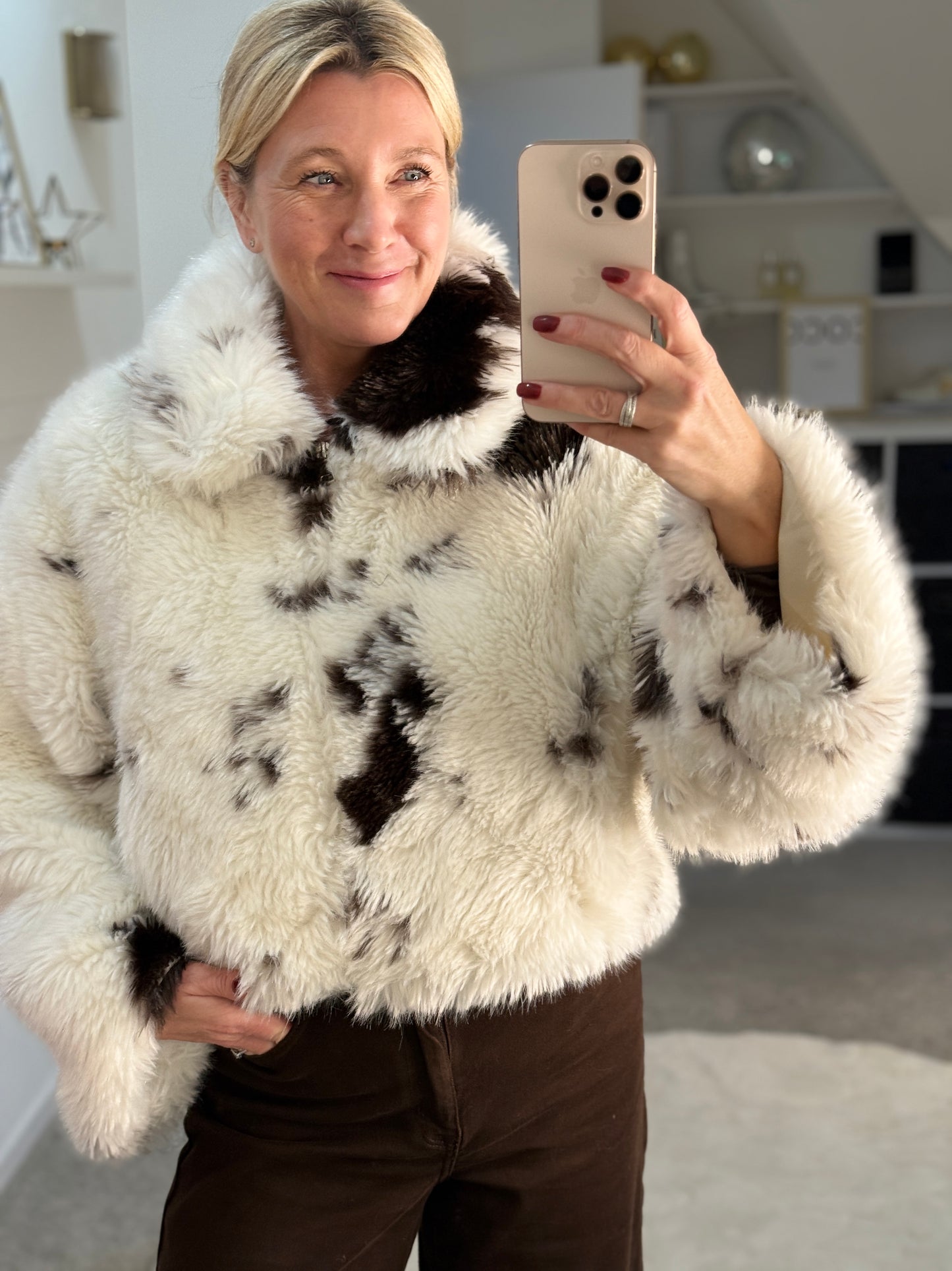 Cow Print Faux Fur Cropped Jacket