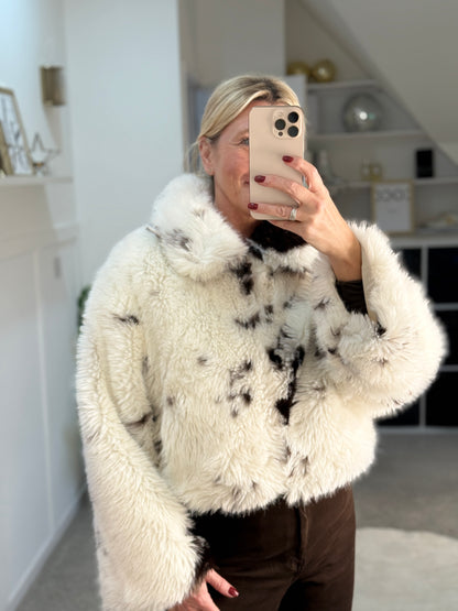 Cow Print Faux Fur Cropped Jacket