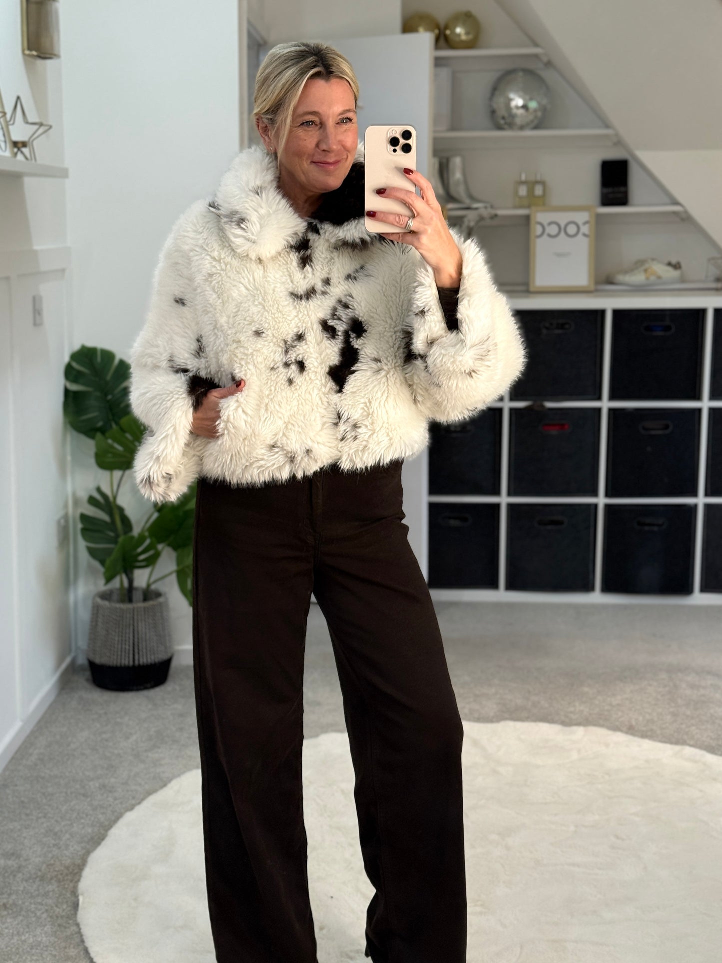 Cow Print Faux Fur Cropped Jacket