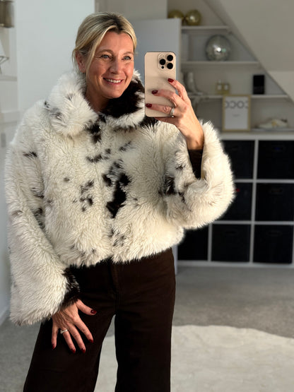 Cow Print Faux Fur Cropped Jacket