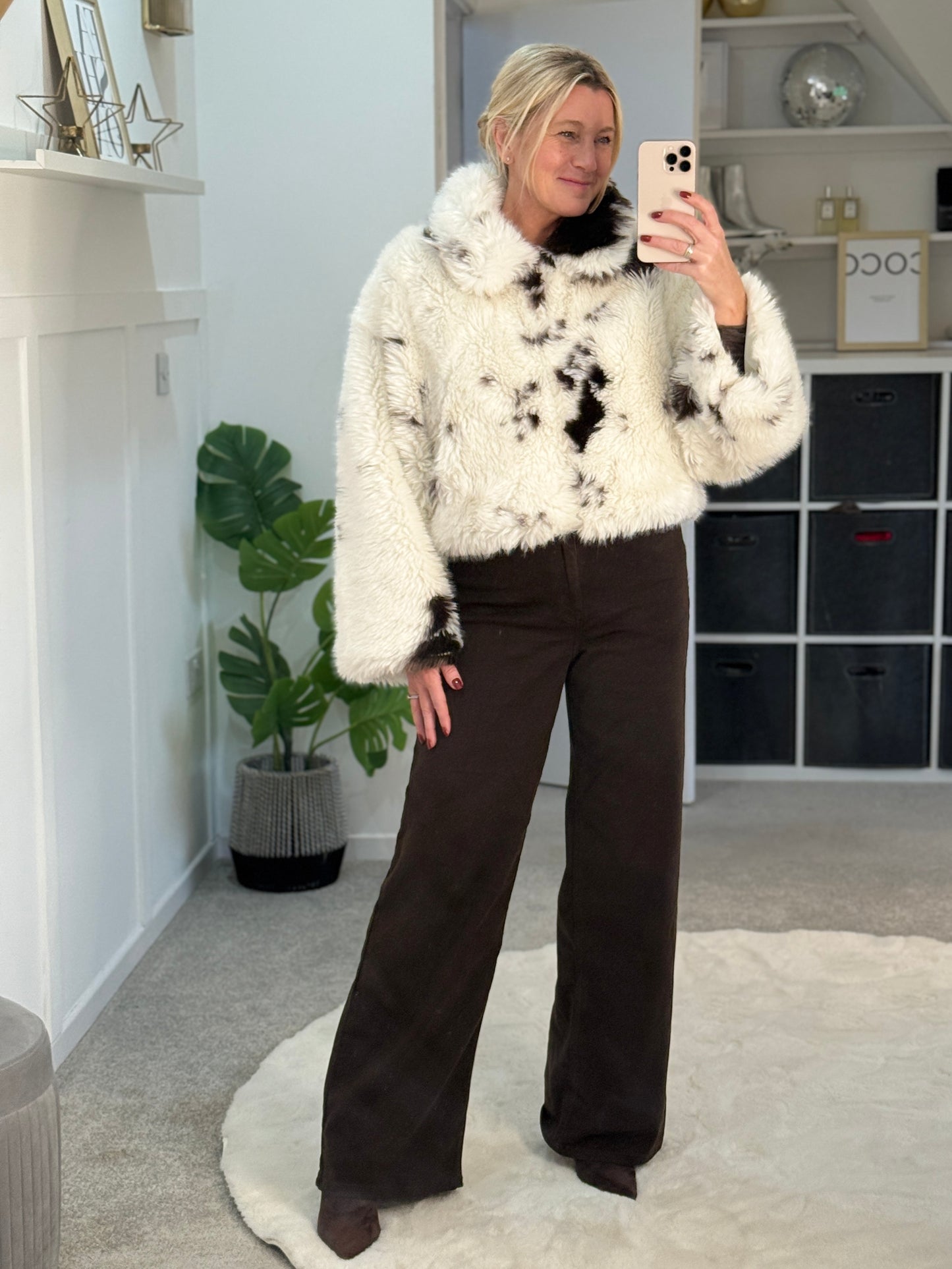 Cow Print Faux Fur Cropped Jacket
