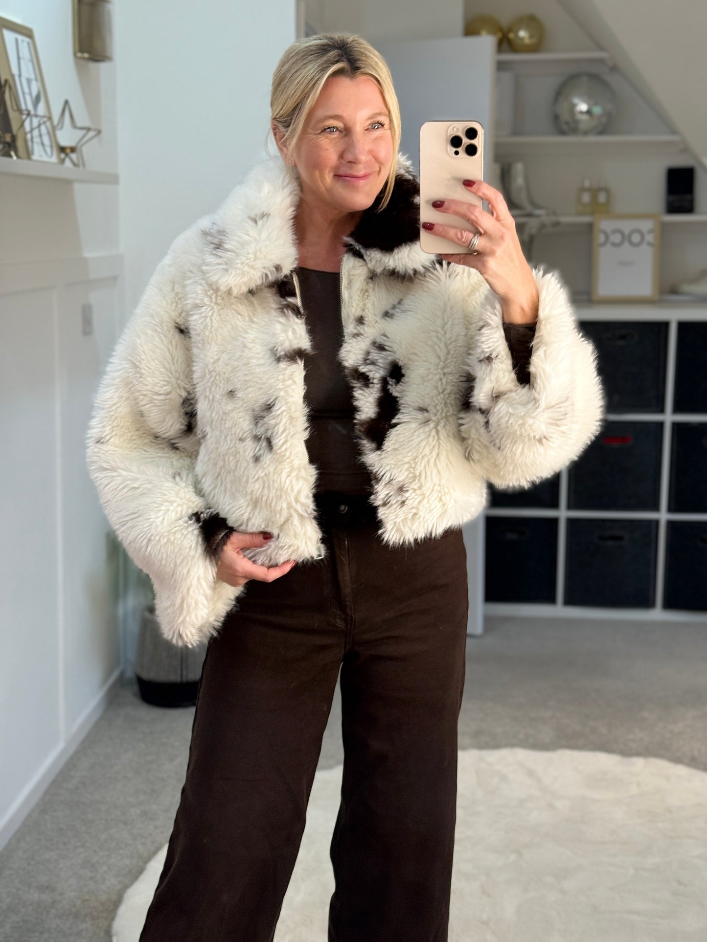Cow Print Faux Fur Cropped Jacket