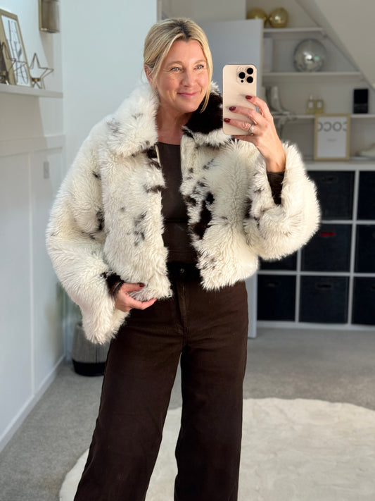 Cow Print Faux Fur Cropped Jacket