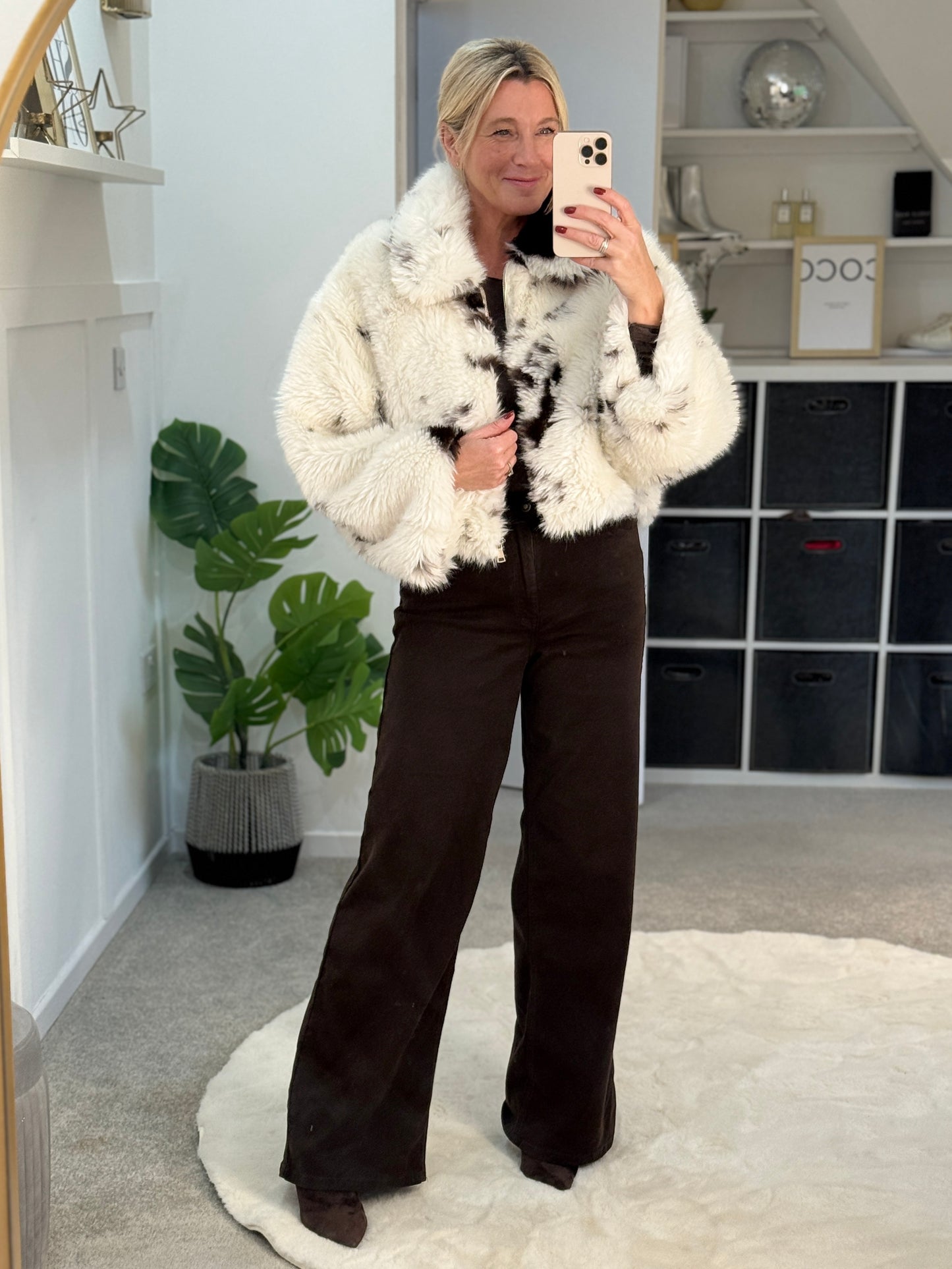 Cow Print Faux Fur Cropped Jacket