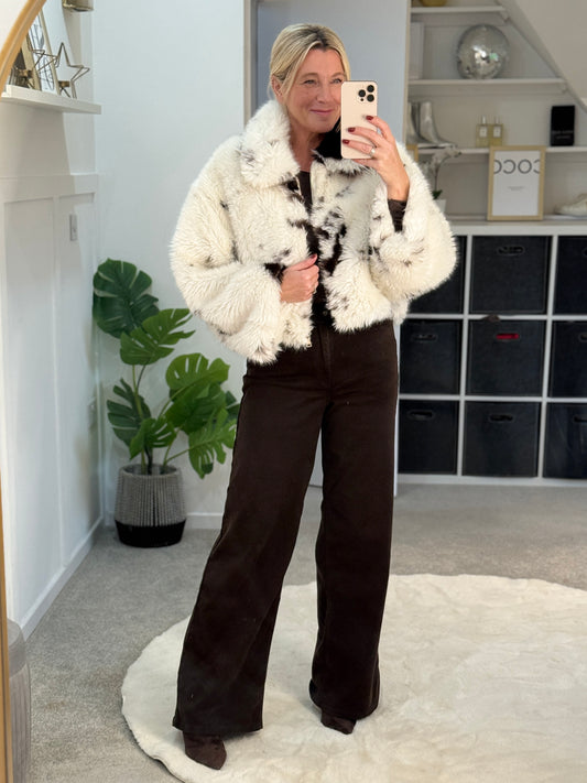 Cow Print Faux Fur Cropped Jacket