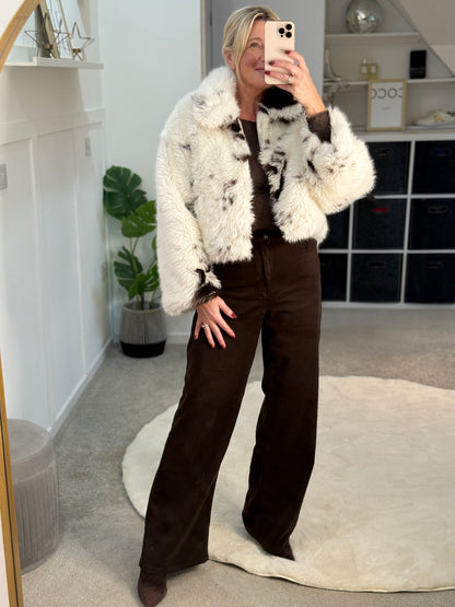 Cow Print Faux Fur Cropped Jacket