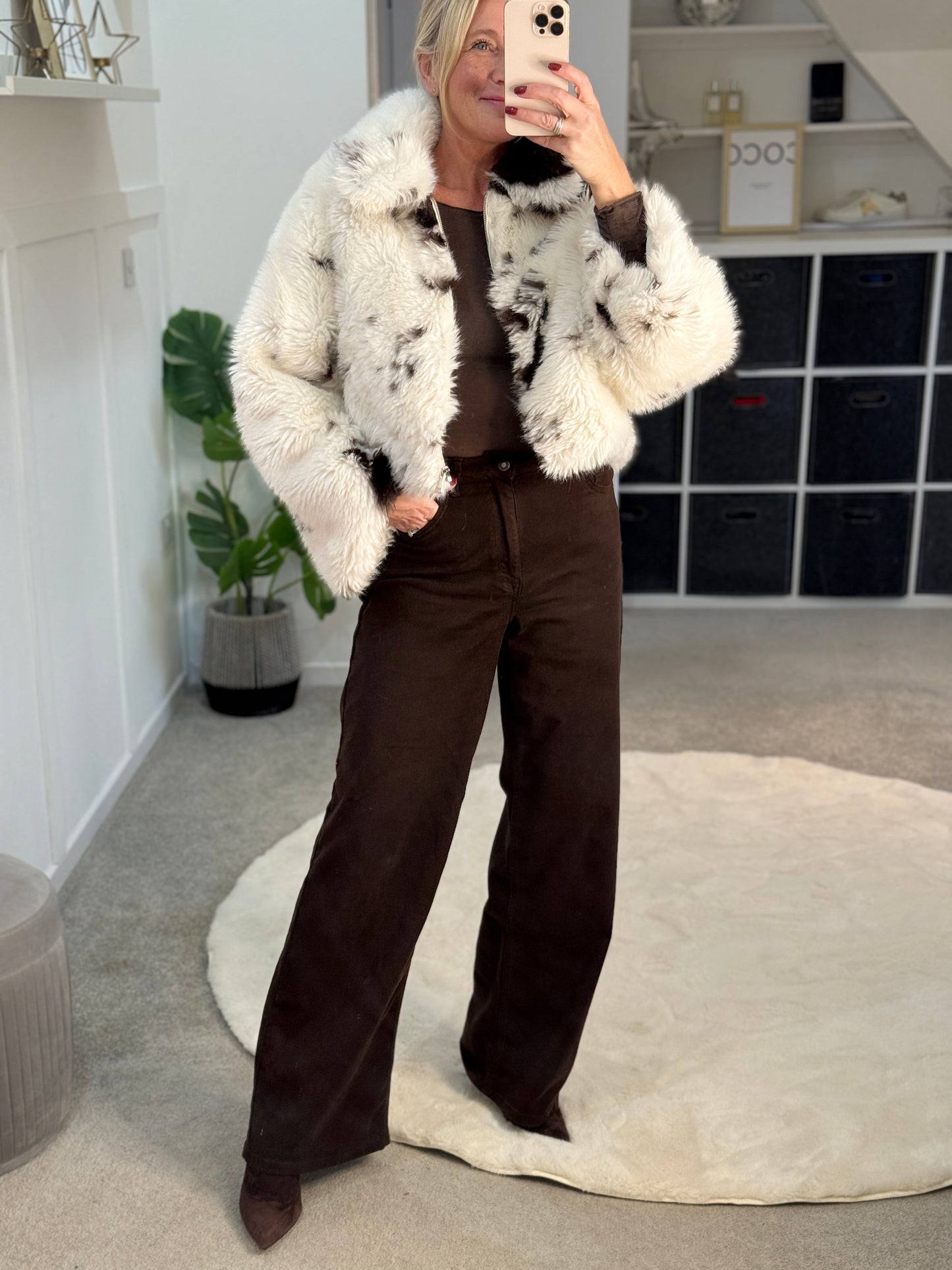 Cow Print Faux Fur Cropped Jacket
