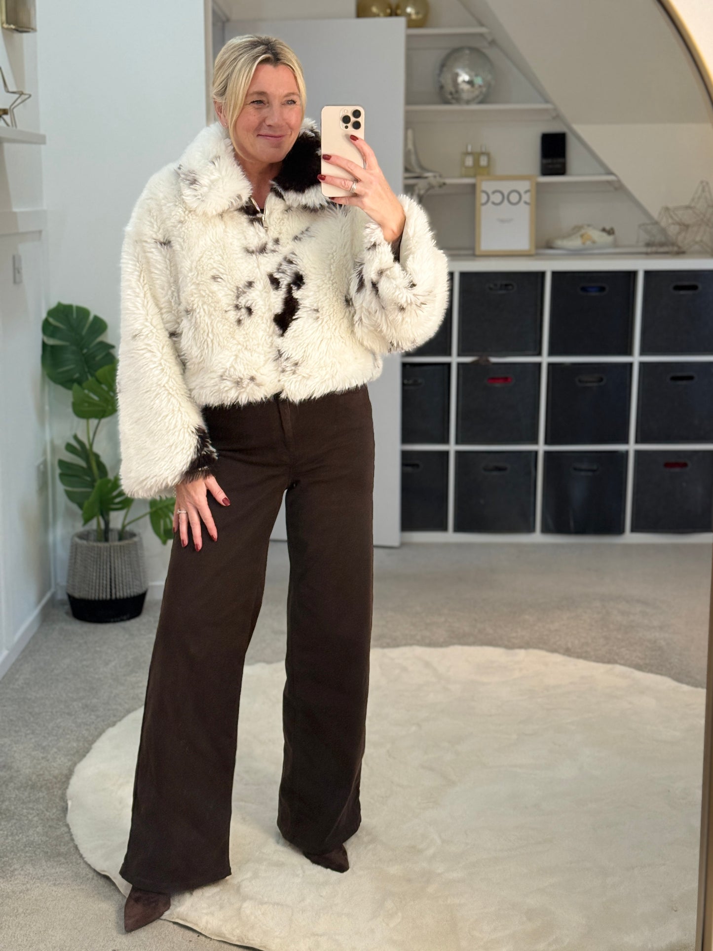 Cow Print Faux Fur Cropped Jacket