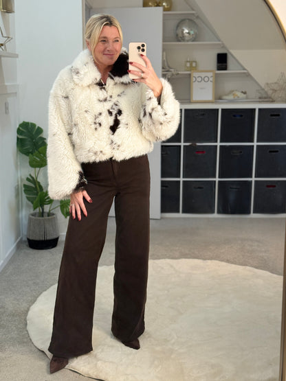 Cow Print Faux Fur Cropped Jacket