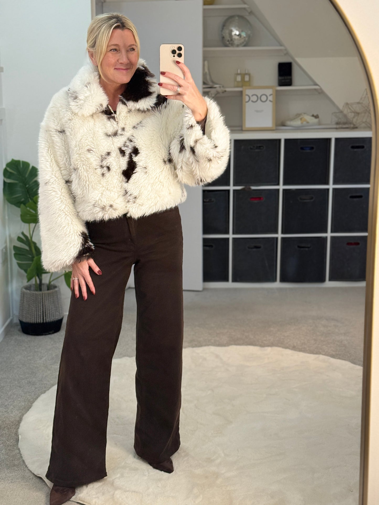 Cow Print Faux Fur Cropped Jacket
