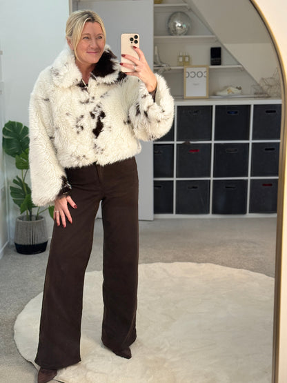 Cow Print Faux Fur Cropped Jacket