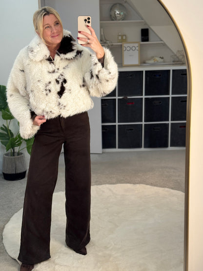 Cow Print Faux Fur Cropped Jacket