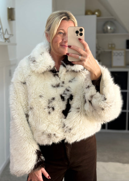 Cow Print Faux Fur Cropped Jacket