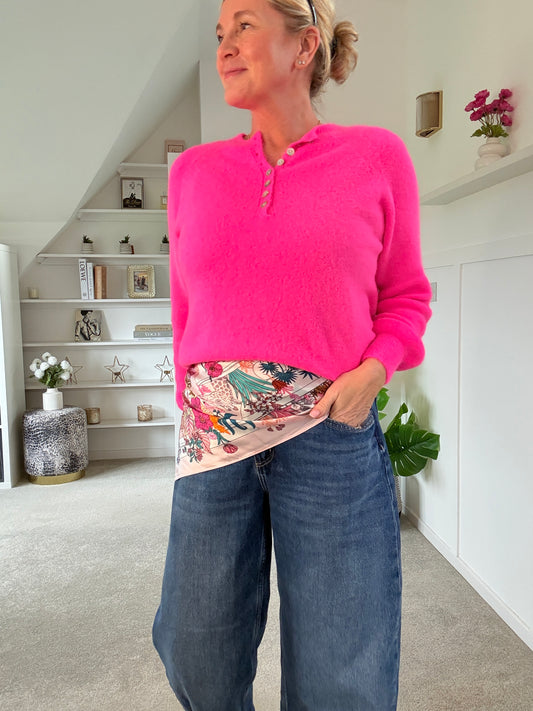 Neon Pink Alpaca Mix Button Jumper