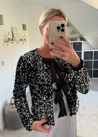 Black/Silver Bow Tie Front Sequin Jacket