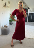 Burgundy Short Sleeve Satin Slip Dress