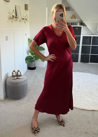 Burgundy Short Sleeve Satin Slip Dress