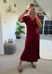 Burgundy Short Sleeve Satin Slip Dress