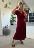 Burgundy Short Sleeve Satin Slip Dress