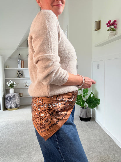 Tan Paisley Bandana Square Silk Touch Scarf 70cm