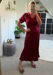 Burgundy Short Sleeve Satin Slip Dress