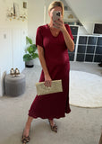 Burgundy Short Sleeve Satin Slip Dress