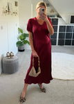 Burgundy Short Sleeve Satin Slip Dress