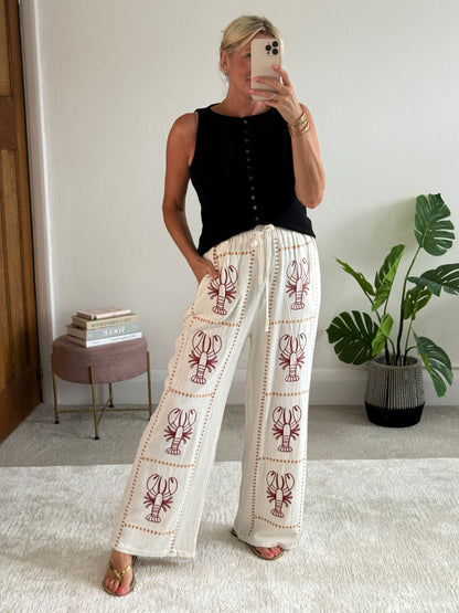 Oatmeal 🦞 Lobster Embroidered Cotton Trousers