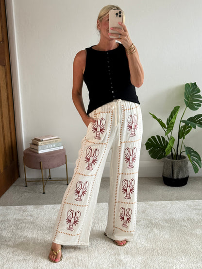 Oatmeal 🦞 Lobster Embroidered Cotton Trousers